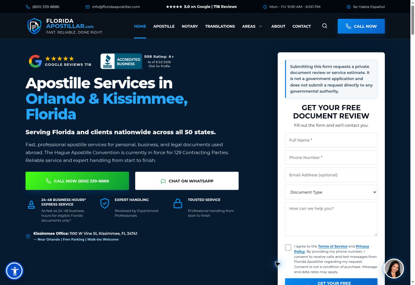 Florida Apostillar — captura real del sitio web en escritorio